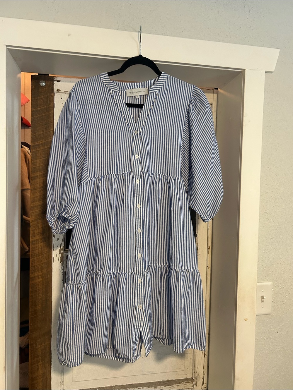 Striped Blue & White Button-Front Tiered Dress. Angel Maternity. Medium